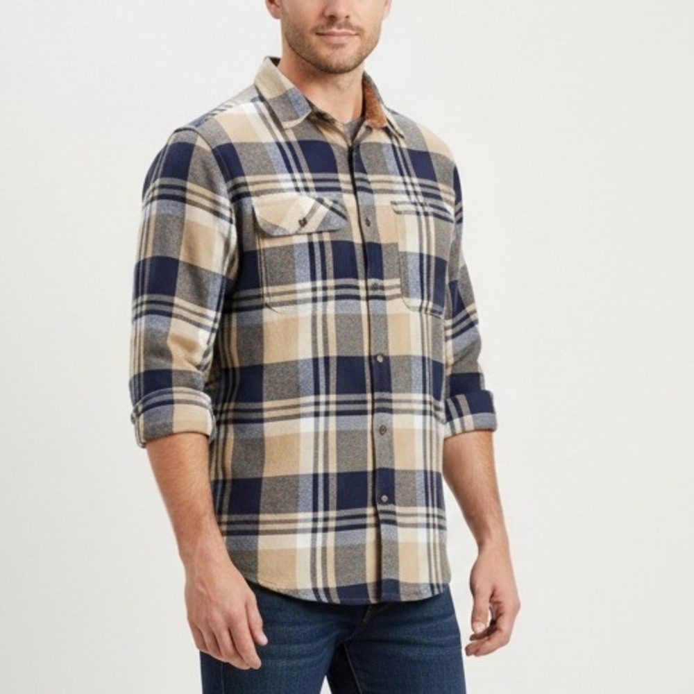 Legendary Whitetails Buck Camp Flannel Shirt Mens Small Tan Navy Plaid Collar